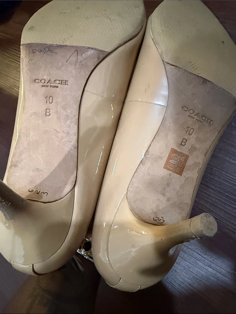 Coach Patent Leather Pointed Toe Pumps in Camel